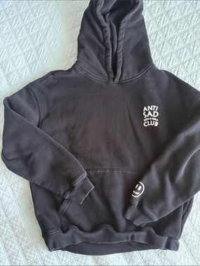Black Men's Hoodie Sweatshirt anti sad club smiley graphic